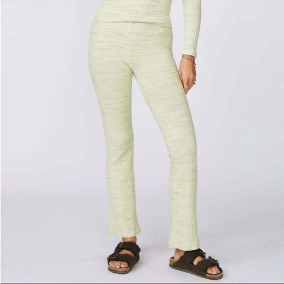 New MONROW‎ Cosmo Ribbed Flare Leg Lounge Pat Jogger Yellow Green Size Large - Picture 1 of 14